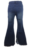 Blue Casual Solid Color Ripped Boot Cut Denim Jeans