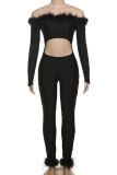 Black Sexy Solid Color Patchwork Off Shoulder Skinny Jumpsuits