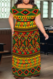 Green Yellow Sexy Geometric Print Flounce Contrast Off Shoulder Long Plus Size Dresses