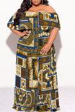 Green Yellow Sexy Geometric Print Flounce Contrast Off Shoulder Long Plus Size Dresses