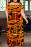 Green Yellow Sexy Geometric Print Flounce Contrast Off Shoulder Long Plus Size Dresses