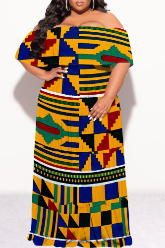 Yellow Blue Sexy Geometric Print Flounce Contrast Off Shoulder Long Plus Size Dresses