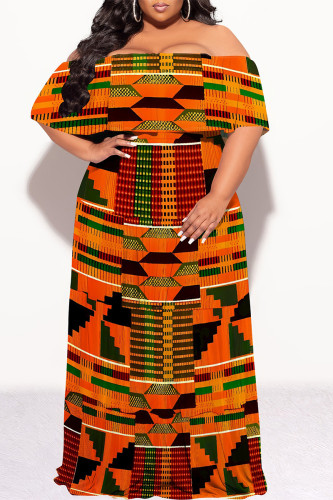 Orange Sexy Geometric Print Flounce Contrast Off Shoulder Long Plus Size Dresses