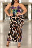 Red Sexy Chain print Leopard Contrast U Neck Printed Plus Size Dresses