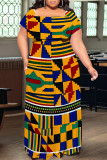 Green Yellow Sexy Geometric Print Flounce Contrast Off Shoulder Long Plus Size Dresses