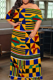Green Yellow Sexy Geometric Print Flounce Contrast Off Shoulder Long Plus Size Dresses