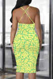 Fluorescent Yellow Sexy Letter Print Stripe Contrast Printed Dresses