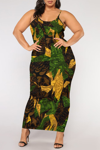 Green Sexy Chain print Leopard Contrast U Neck Printed Plus Size Dresses