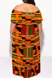 Green Yellow Sexy Geometric Print Flounce Contrast Off Shoulder Long Plus Size Dresses