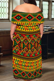 Green Yellow Sexy Geometric Print Flounce Contrast Off Shoulder Long Plus Size Dresses