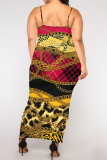 Red Sexy Chain print Leopard Contrast U Neck Printed Plus Size Dresses