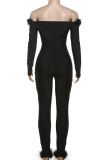 Black Sexy Solid Color Patchwork Off Shoulder Skinny Jumpsuits