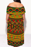 Green Yellow Sexy Geometric Print Flounce Contrast Off Shoulder Long Plus Size Dresses