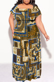 Green Yellow Sexy Geometric Print Flounce Contrast Off Shoulder Long Plus Size Dresses