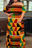 Green Yellow Sexy Geometric Print Flounce Contrast Off Shoulder Long Plus Size Dresses