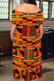 Green Yellow Sexy Geometric Print Flounce Contrast Off Shoulder Long Plus Size Dresses