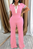 Pink Casual Solid Color Patchwork Contrast Turndown Collar Short Sleeve Two Pieces