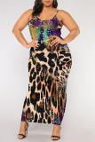 Red Sexy Chain print Leopard Contrast U Neck Printed Plus Size Dresses