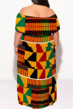 Green Yellow Sexy Geometric Print Flounce Contrast Off Shoulder Long Plus Size Dresses