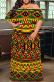 Green Yellow Sexy Geometric Print Flounce Contrast Off Shoulder Long Plus Size Dresses
