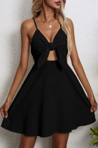 Black Sweet Solid With Bow V Neck Sling Dress Dresses