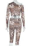 Leopard Print Sexy Leopard Print Buttons Patchwork Oblique Collar Long Sleeve Two Pieces