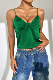 Ink Green Sexy Solid Fold Knotted V Neck Tops