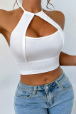 White Sexy Solid Color Lace Up Halter Tops