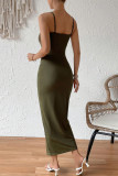 Army Green Sexy Solid Slit Fold V Neck Wrapped Skirt Dresses