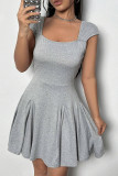 Grey Casual Simplicity Solid Backless Fold Square Collar A Line Dresses