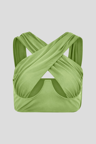 Green Sexy Solid Color Hollow Out Tops