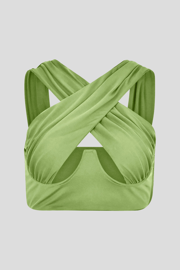 Green Sexy Solid Color Hollow Out Tops