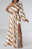 Stripe Casual Striped Print Backless Slit Oblique Collar Long Dresses