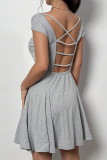 Grey Casual Simplicity Solid Backless Fold Square Collar A Line Dresses
