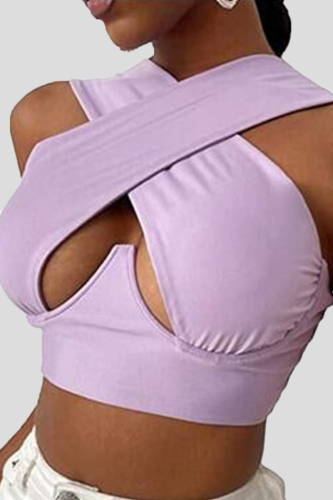Purple Sexy Solid Color Hollow Out Tops