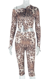 Leopard Print Sexy Leopard Print Buttons Patchwork Oblique Collar Long Sleeve Two Pieces