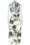 White Grey Sexy Print Backless Strap Design Deep V Neck Sleeveless Two Pieces