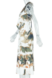 White Grey Sexy Print Backless Strap Design Deep V Neck Sleeveless Two Pieces