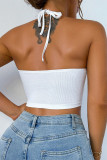 White Sexy Solid Color Lace Up Halter Tops