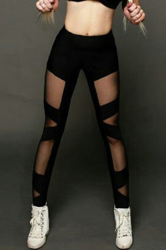 Black Sportswear Solid Color See-Through Mesh Skinny High Waist Solid Color Bottoms