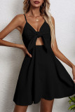 Black Sweet Solid With Bow V Neck Sling Dress Dresses
