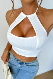 White Sexy Solid Color Lace Up Halter Tops
