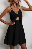 Black Sweet Solid With Bow V Neck Sling Dress Dresses