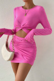 Rose Red Sexy Solid Knotted O Neck Long Sleeve Two Pieces