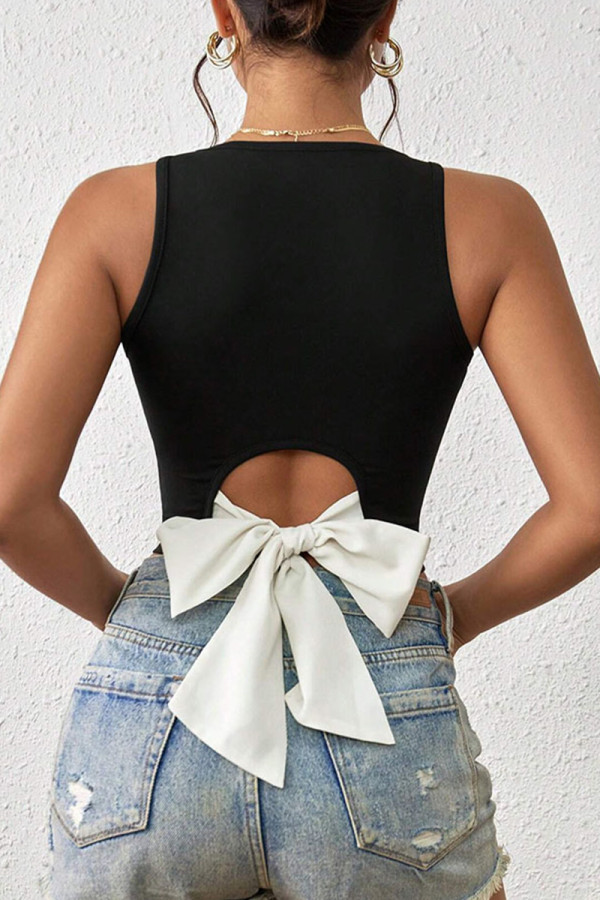 Black Sexy Solid Hollowed Out With Bow V Neck Tops