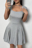 Grey Casual Simplicity Solid Backless Fold Square Collar A Line Dresses