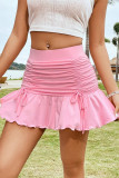 Pink Sweet Celebrities Solid Draw String Fold High Waist Type A Solid Color Bottoms