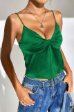Ink Green Sexy Solid Fold Knotted V Neck Tops