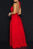Red Sexy Solid Color Hollow Out Backless Slit Ruched Belted Halter Long Dresses