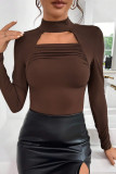 Coffee Sexy Solid Hollowed Out Half A Turtleneck Tops